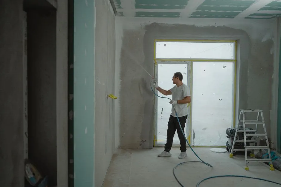 A man sprays paint on a wall while renovating an indoor room with professional equipment.