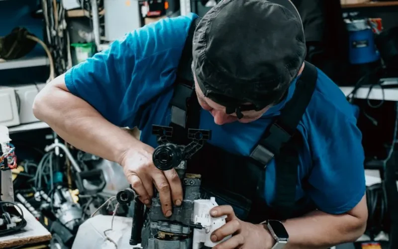 Focused technician working on machinery in a cluttered workshop, showcasing skilled labor.