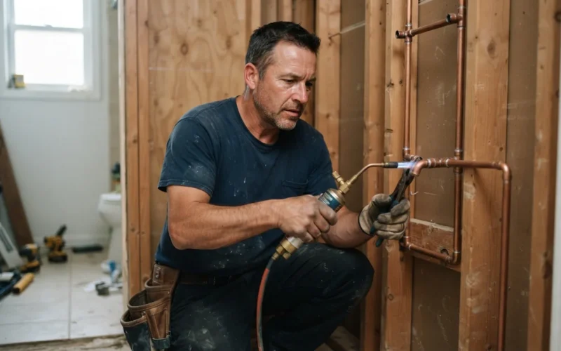 a plumber installing pipes in a bathroom wall