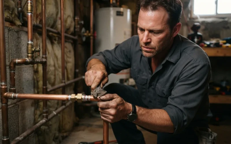 a plumber installing a pipe fitting