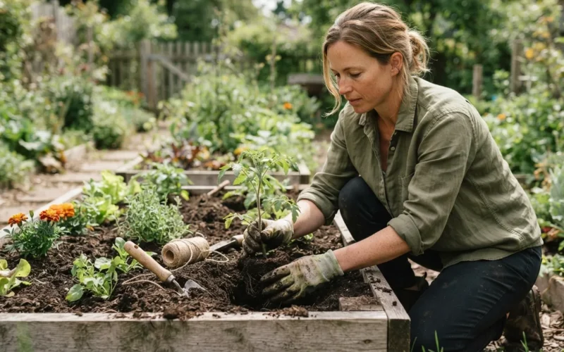 a gardener planting vegetables in a raised bed