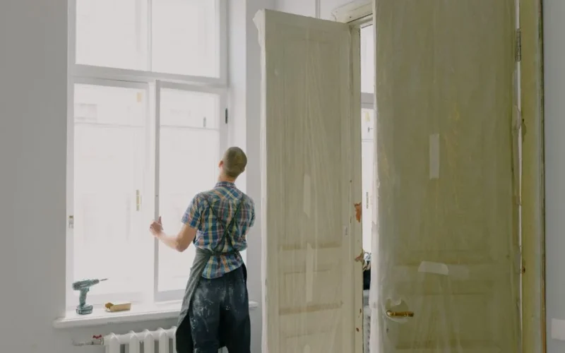 Back view of anonymous male fitter in checkered shirt and apron mounting window with hinges near white walls at home