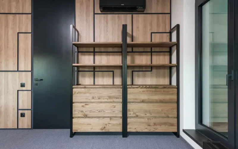 Modern room interior with wooden shelves under air conditioning between black door and window in light house