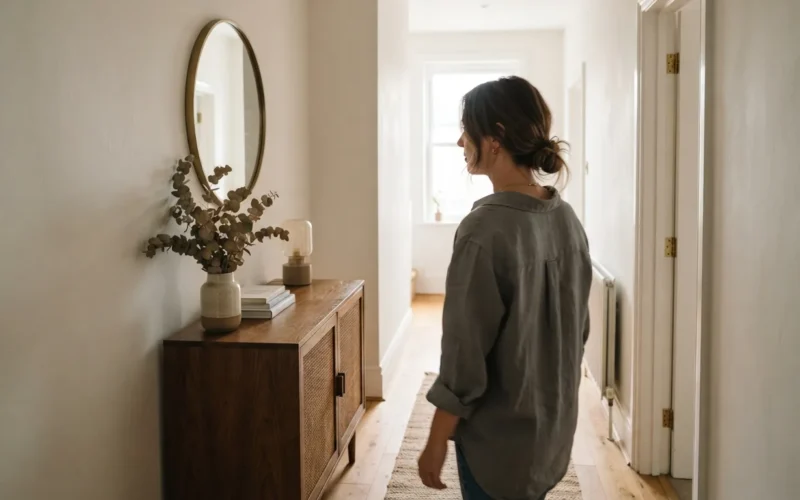 a narrow hallway with a cabinet and mirror