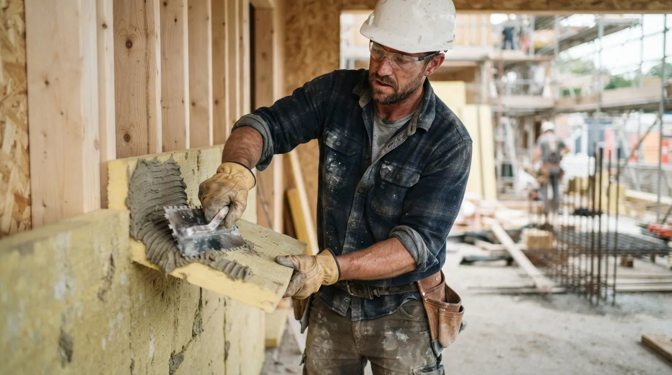 a construction worker applying material to insulation