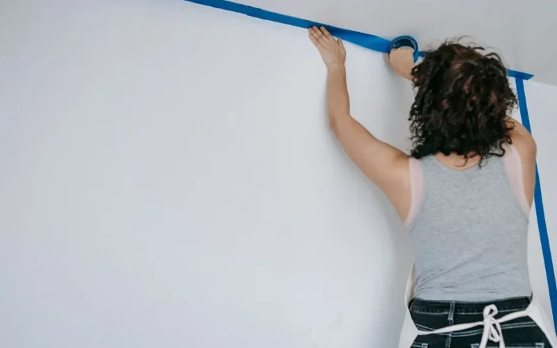 A woman uses painter's tape to prepare a wall for a home renovation project.