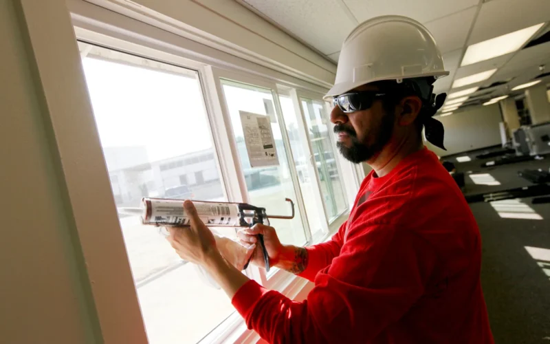NORCO, Calif. (Aug. 9, 2010) A construction worker installs new energy-efficient windows in Bldg. 519 at Naval Surface Warfare Center, Corona Division. Renovations include insulation of exterior walls, water-conservation plumbing fixtures, improved energy-efficient lighting and use of recycled materials. (U.S. Navy photo by Greg Vojtko/Released)