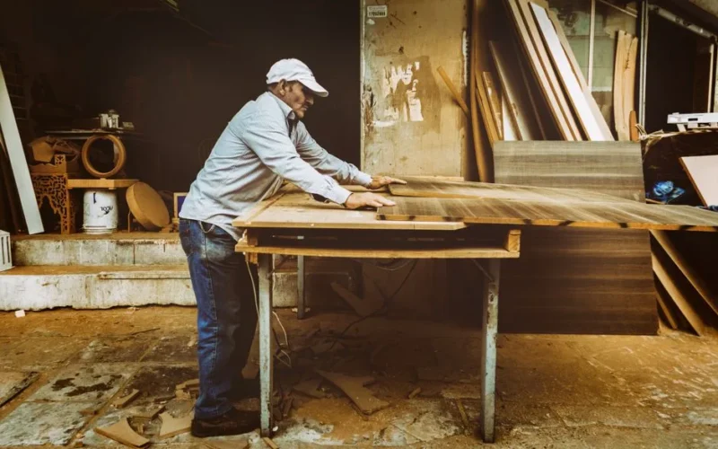 Carpenter focuses on woodworking project inside a busy workshop, surrounded by materials.