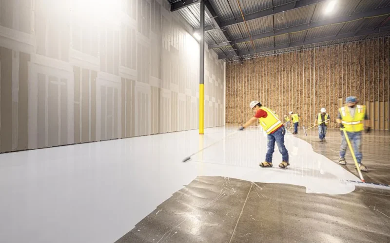 Construction workers in hard hats and vests laying a fresh concrete floor inside a building in Dallas, Texas.