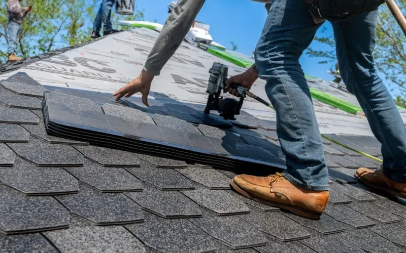 Roofer using nail gun for shingle installation on residential roof.
