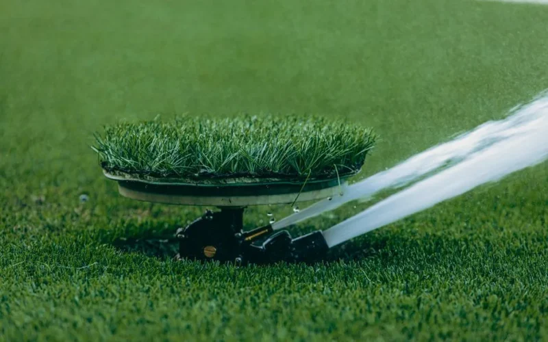 A close-up of an automated lawn sprinkler in action, showcasing efficient water usage on lush grass.