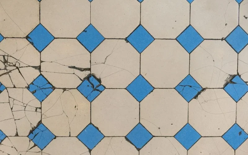 Top view of a cracked geometric tile pattern featuring blue diamond tiles on a beige background.