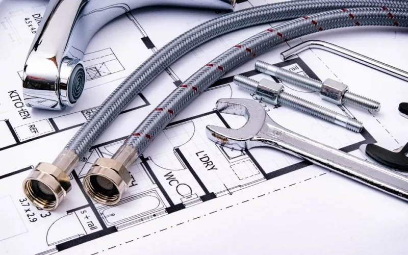 Close-up of plumbing tools and faucet on top of an architectural blueprint, perfect for hardware and construction themes.