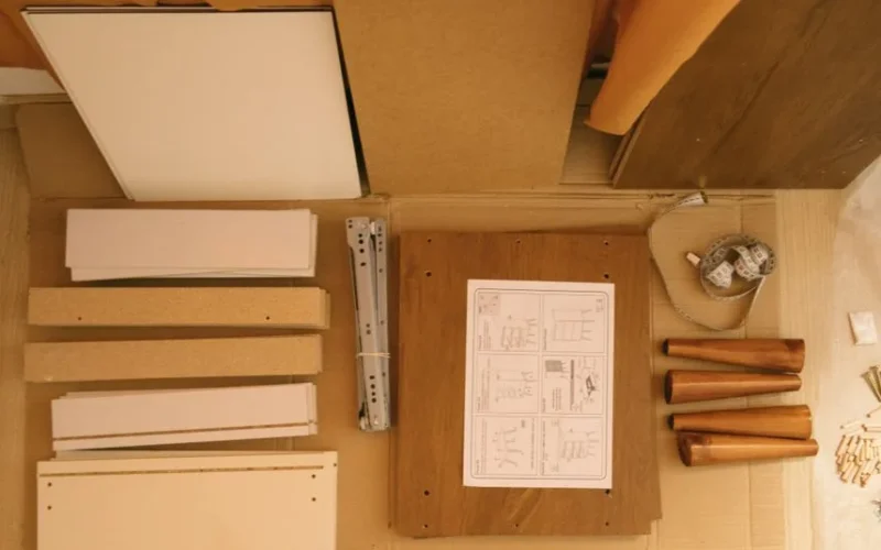 Top view of arranged pieces with instruction paper on carton before assembling furniture at home