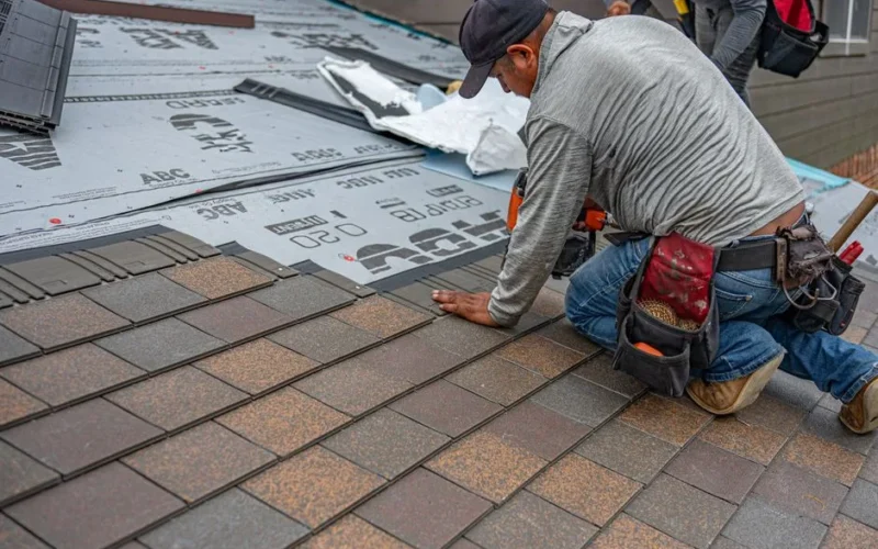 Skilled roofer installing asphalt shingles, ensuring quality home renovation.