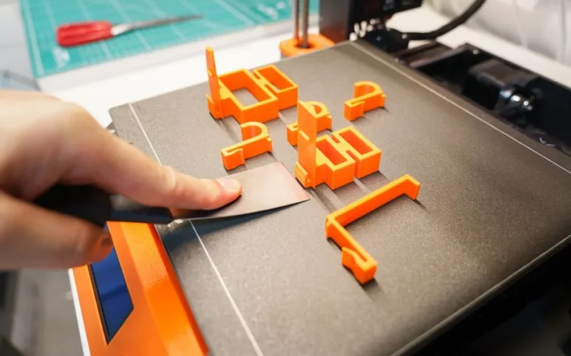 A hand carefully removes an orange 3D printed object from a printer bed using a spatula indoors.