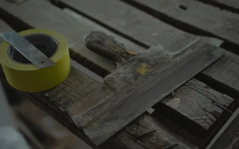 Close-up of a spatula and duct tape on an aged wooden surface. Perfect for DIY and renovation themes.