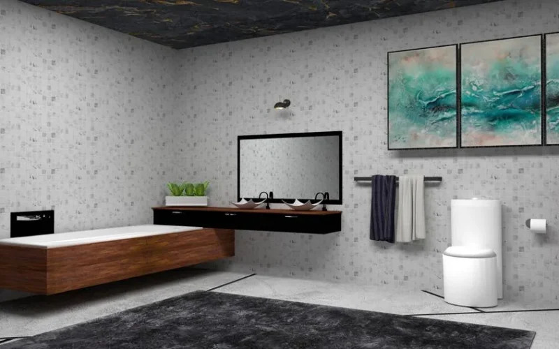 Luxurious bathroom featuring modern design elements and artistic wall decor.