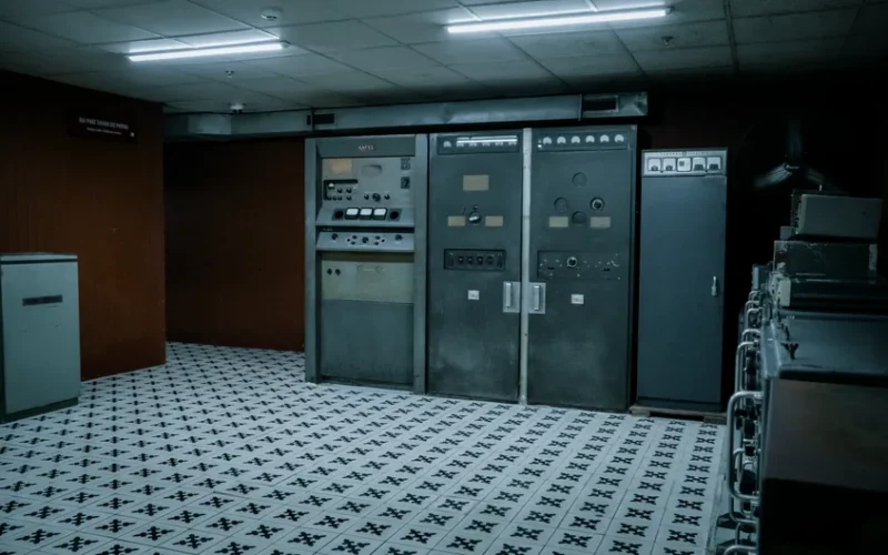 Old control room with vintage machinery and tiled flooring.