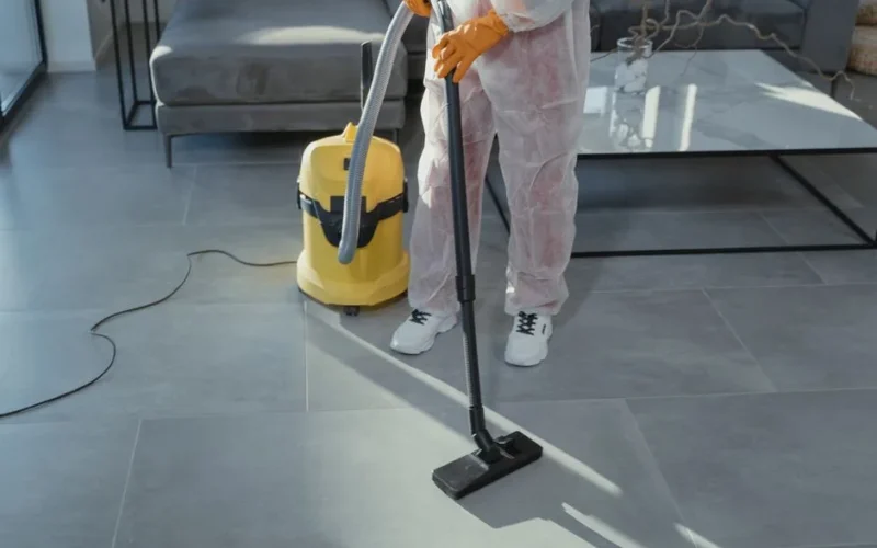 A professional cleaner in protective gear vacuuming the floor in a modern living room.