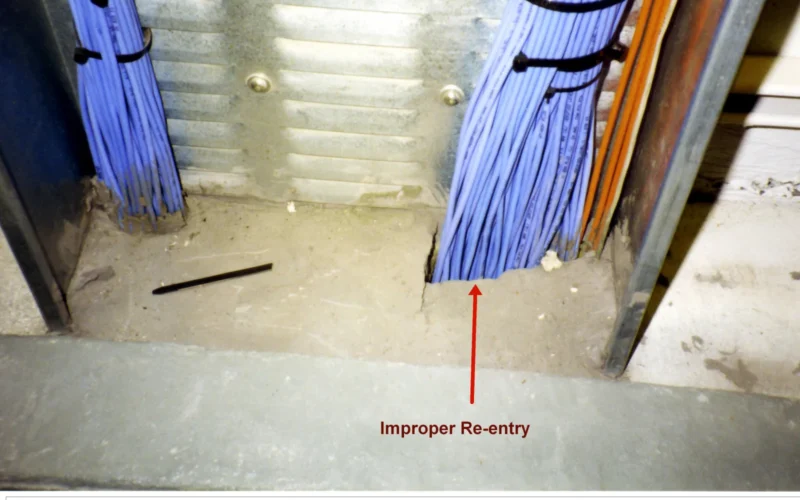 Canadian Broadcasting Corporation, Toronto, Ontario, Canada, Electrical Closet: During the original construction, AD firebarrier mortar was installed at insufficient depth in this cable tray penetration. Re-entries were not subject to a routine re-sealing but did reveal the generically insufficient thickness.