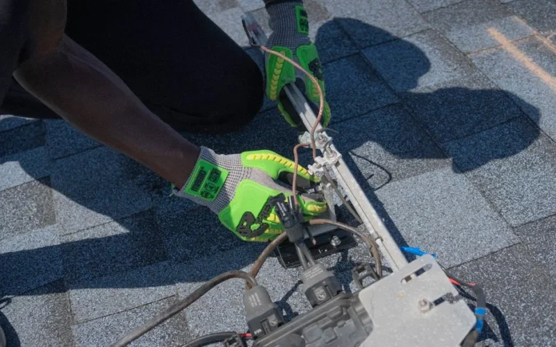 Close-up of a technician working on solar panel installation with green gloves in Tampa, Florida.