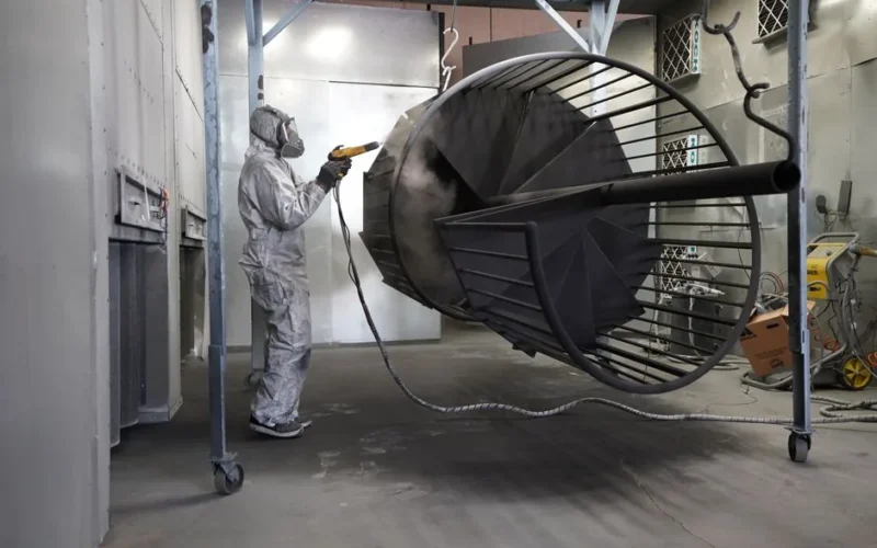Worker in protective gear spray painting a large metal structure in an industrial facility.