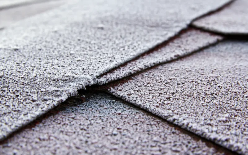 Close-up view of frost-covered roof shingles showcasing texture and cold weather effects.