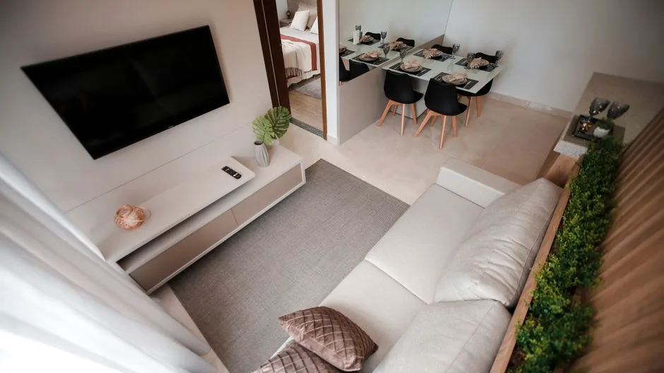 Stylish open-plan living room and dining area with contemporary furniture and decor.