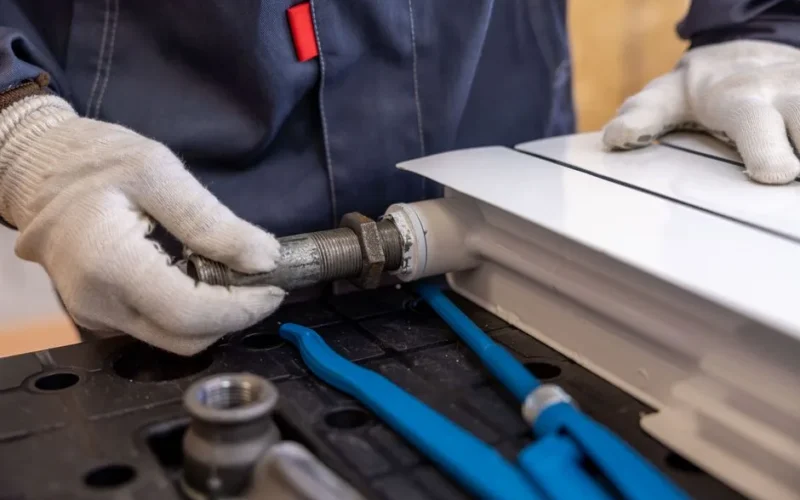 Close-up of a plumber installing a radiator pipe using specialized tools.