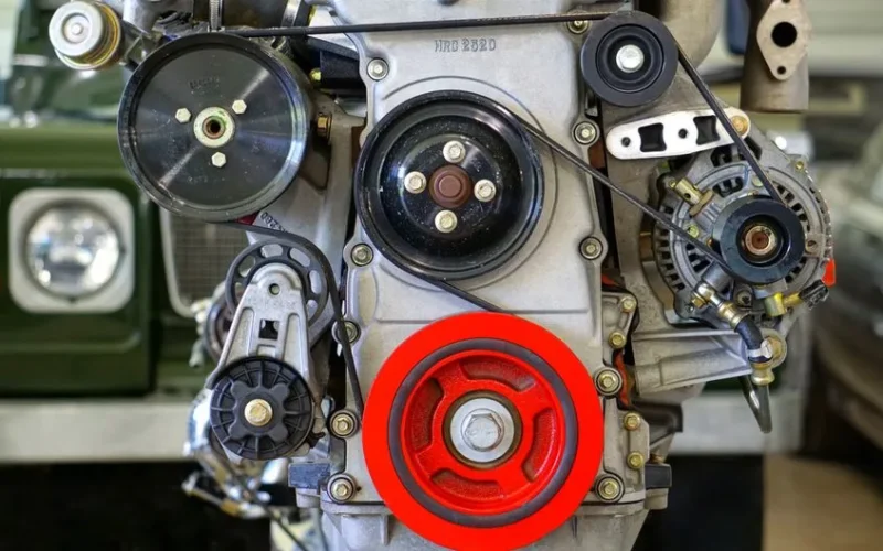 Detailed view of a car engine showcasing belts and colorful pulleys in a workshop setting.