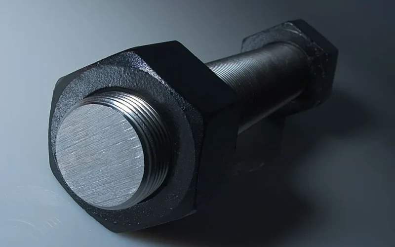 Detailed view of a large metal bolt showcasing texture and design in steel.