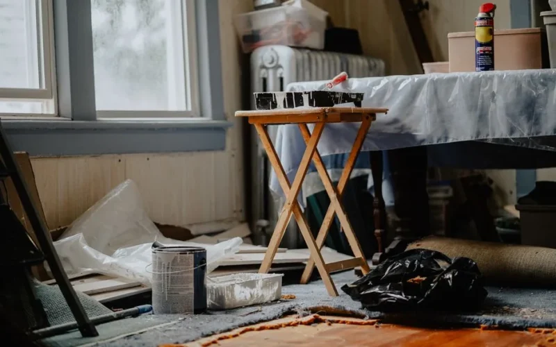 Interior view of a home renovation with paint supplies on a wooden table.