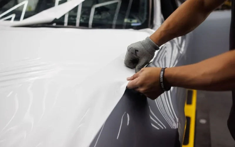 Close-up of hands applying vinyl wrap to a car hood, showcasing customization.