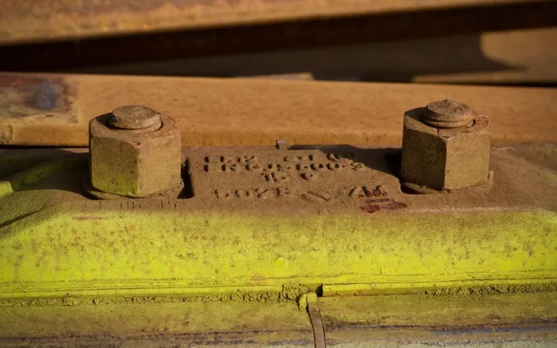 Detailed view of rusty bolts on industrial machinery with a worn and aged appearance, showcasing textures.