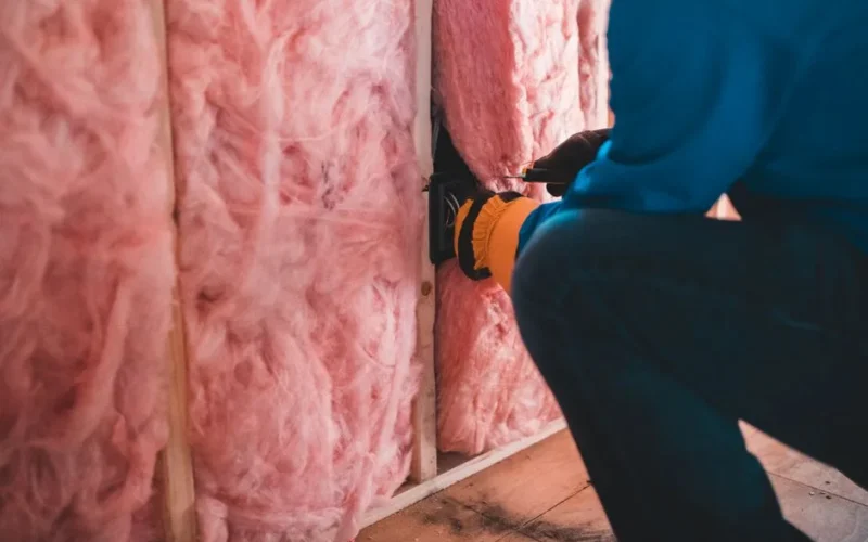 Crop unrecognizable worker in gloves sitting on haunches and insulating with pink stone wool
