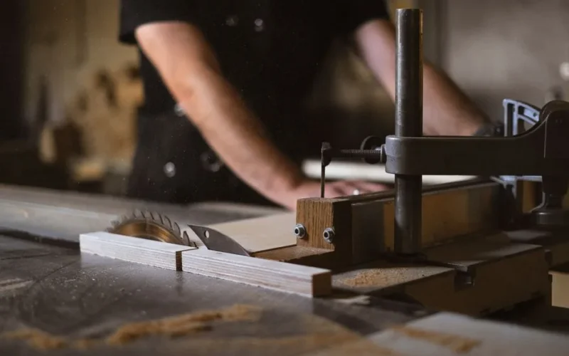 Unrecognizable blurred male carpenter cutting wooden details at sawbench with sharp knives while working in professional joinery with special instruments